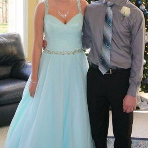 Teal poofy long prom dress